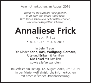 Traueranzeige von Annaliese Frick von Schwäbische Post