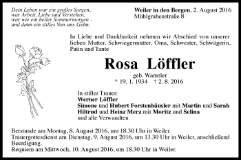 Traueranzeige von Rosa Löffler von Gmünder Tagespost
