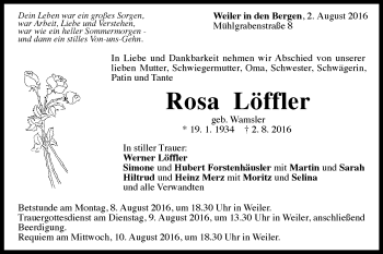 Traueranzeige von Rosa Löffler