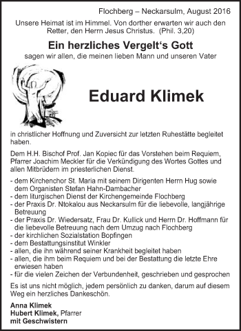 Traueranzeige von Eduard Klimek von Bopfinger Stadtanzeiger