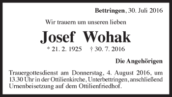 Traueranzeige von Josef Wohak von Gmünder Tagespost