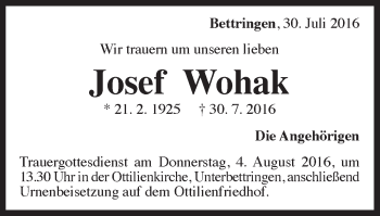 Traueranzeige von Josef Wohak