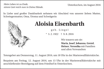 Traueranzeige von Alloisia Eisenbarth von Schwäbische Post