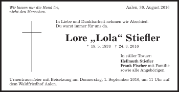 Traueranzeige von Lore Stiefler von Schwäbische Post