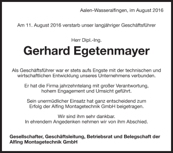 Traueranzeige von Gerhard Egetenmayer von Schwäbische Post