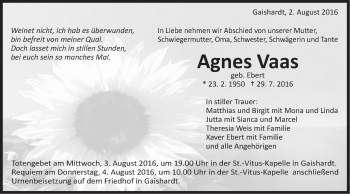 Traueranzeige von Agnes Vaas von Schwäbische Post