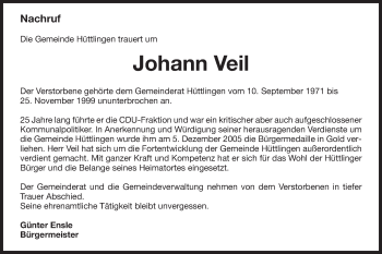 Traueranzeige von Johann Veil von Schwäbische Post
