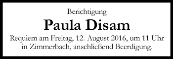 Traueranzeige von Paula Disam von Gmünder Tagespost