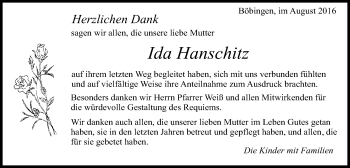 Traueranzeige von Ida Hanschitz von Gmünder Tagespost