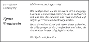 Traueranzeige von Agnes Trautwein von Gmünder Tagespost