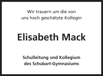 Traueranzeige von Elisabeth Mack von Schwäbische Post