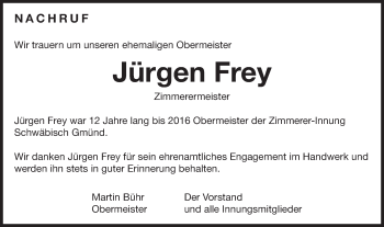 Traueranzeige von Jürgen Frey von Gmünder Tagespost