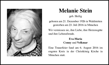 Traueranzeige von Melanie Stein von Gmünder Tagespost
