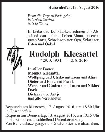 Traueranzeige von Rudolph Kleesattel von Gmünder Tagespost