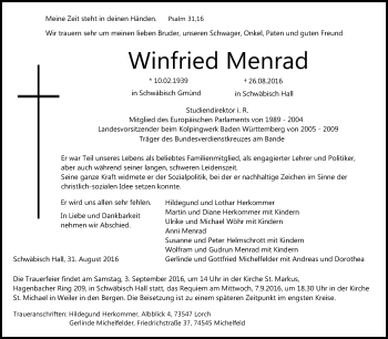 Traueranzeige von Winfried Menrad von Gmünder Tagespost