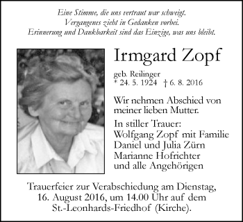 Traueranzeige von Irmgard Zopf von Gmünder Tagespost