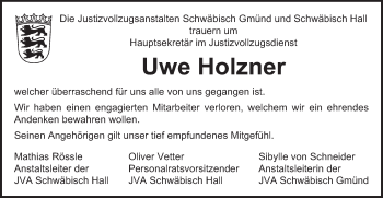 Traueranzeige von Uwe Holzner von Schwäbische Post