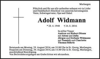 Traueranzeige von Adolf Widmann von Gmünder Tagespost