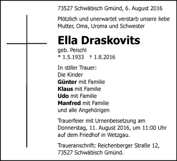 Traueranzeige von Ella Draskovits von Gmünder Tagespost