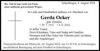 Traueranzeige von Gerda Ocker von Gmünder Tagespost