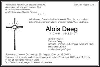 Traueranzeige von Alois Deeg von Schwäbische Post