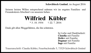 Traueranzeige von Wilfried Kübler von Gmünder Tagespost