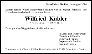 Traueranzeige von Wilfried Kübler