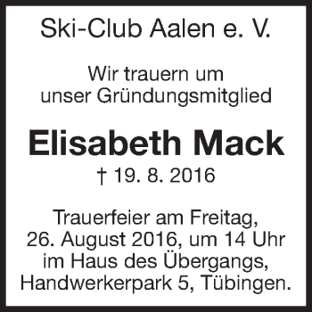 Traueranzeige von Elisabeth Mack von Schwäbische Post