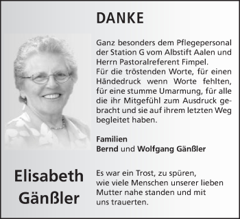 Traueranzeige von Elisabeth Gänßler von Schwäbische Post