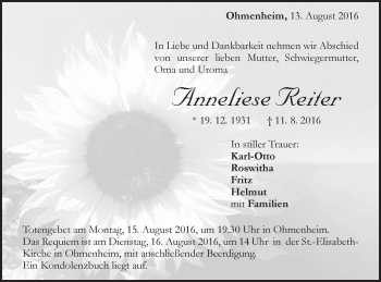 Traueranzeige von Anneliese Reiter von Schwäbische Post