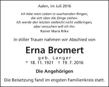 Traueranzeige von Erna Brommert von Schwäbische Post