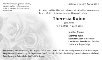 Traueranzeige von Theresia Kubin von Schwäbische Post