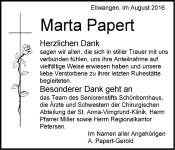 Traueranzeige von Marta Papert von Schwäbische Post