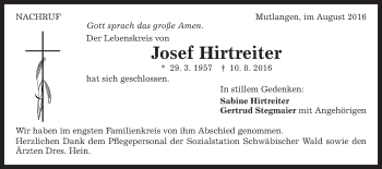 Traueranzeige von Josef Hirtreiter von Gmünder Tagespost