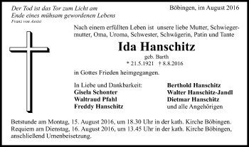 Traueranzeige von Ida Hanschitz von Gmünder Tagespost