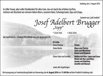 Traueranzeige von Josef Adelbert Brugger von Schwäbische Post