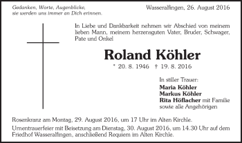 Traueranzeige von Roland Köhler von Schwäbische Post