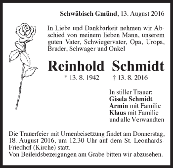 Traueranzeige von Reinhold Schmidt von Gmünder Tagespost