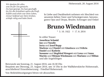 Traueranzeige von Bruno Wiedmann von Schwäbische Post