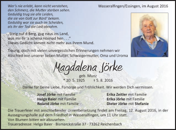 Traueranzeige von Magdalena Jörke von Schwäbische Post