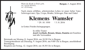 Traueranzeige von Klemens Wamsler von Gmünder Tagespost