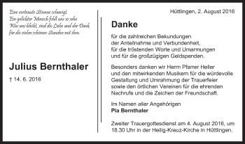 Traueranzeige von Julius Bernthaler von Schwäbische Post