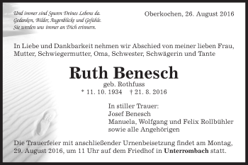Traueranzeige von Ruth Benesch  von Schwäbische Post