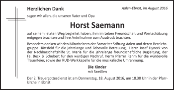Traueranzeige von Horst Saemann von Schwäbische Post