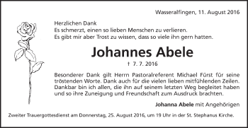 Traueranzeige von Johannes Abele von Schwäbische Post