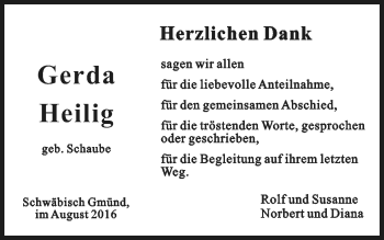 Traueranzeige von Gerda Heilig von Gmünder Tagespost