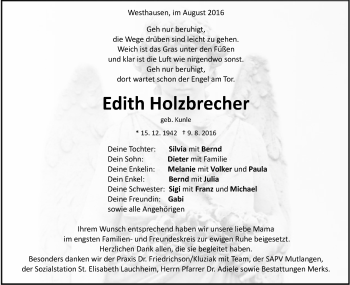 Traueranzeige von Edith Holzbrecher von Schwäbische Post