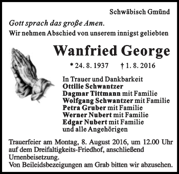 Traueranzeige von Wanfried George von Gmünder Tagespost