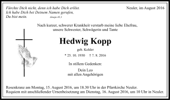 Traueranzeige von Hedwig Kopp von Schwäbische Post
