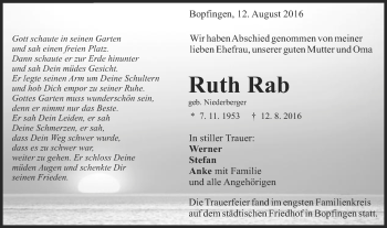 Traueranzeige von Ruth Rab von Schwäbische Post